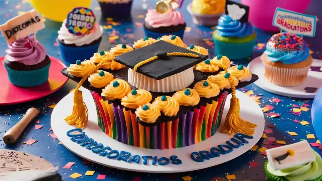 Graduation cupcake cake shaped like a graduation cap, decorated in bold school colors with fondant tassel and festive elements.