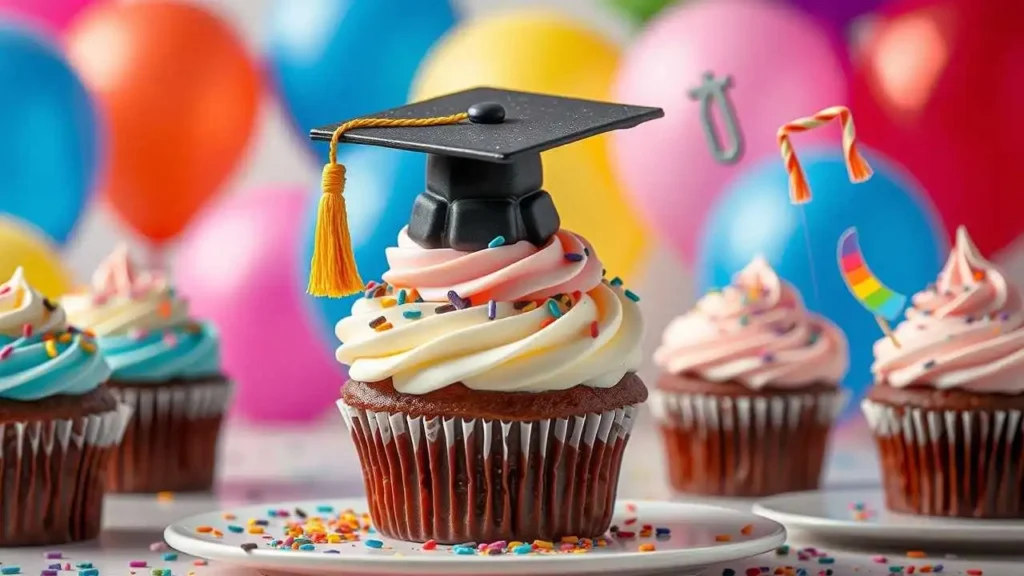 Vibrant graduation cupcake cake (one of the great graduation cakes) arranged as a graduation cap with school-colored frosting, fondant tassel, mini diplomas, and celebratory decorations.