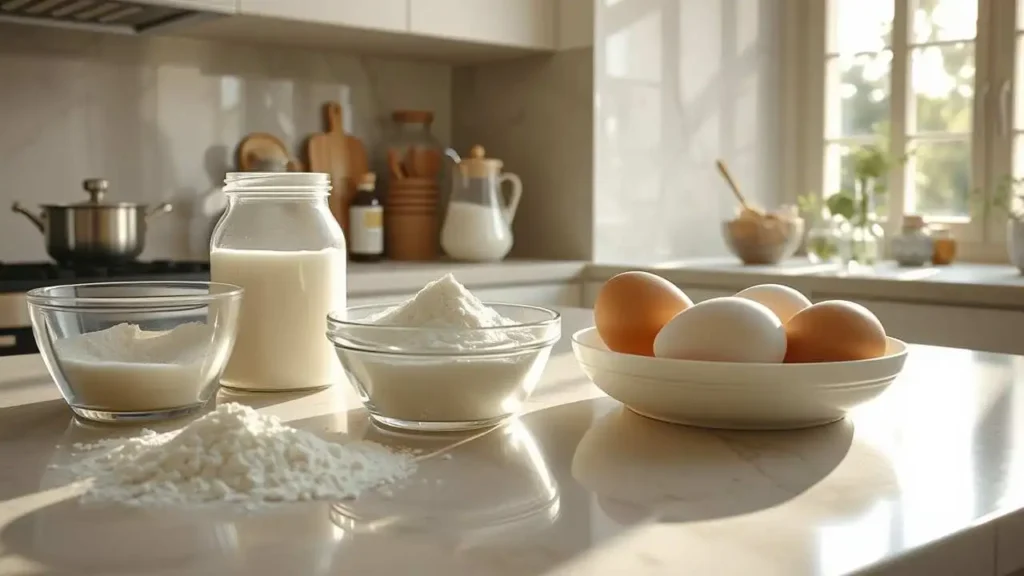 A kitchen countertop with some ingredients for kefir sheet cake, including flour, sugar, eggs, salt... 