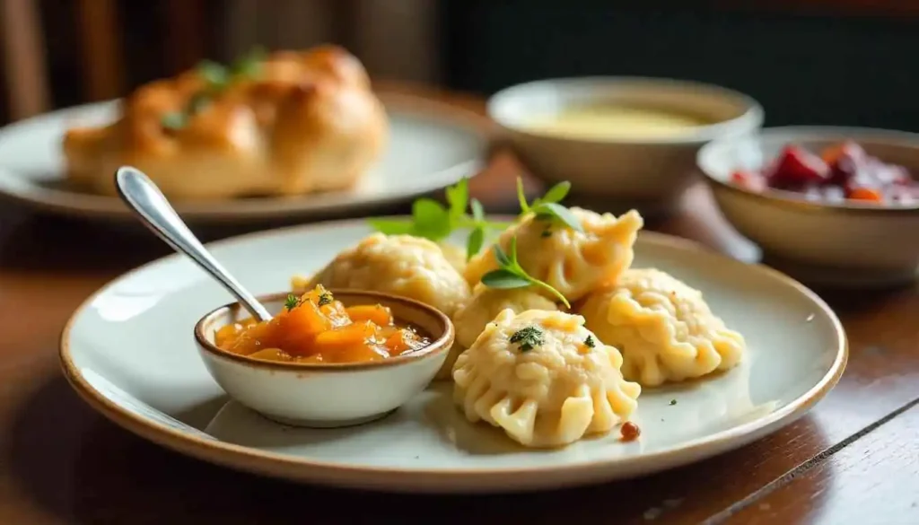 A plate featuring peach chutney, pickled vegetables, and a small bowl of creamy soup, all perfect for what to serve with chicken and dumplings for a unique twist.