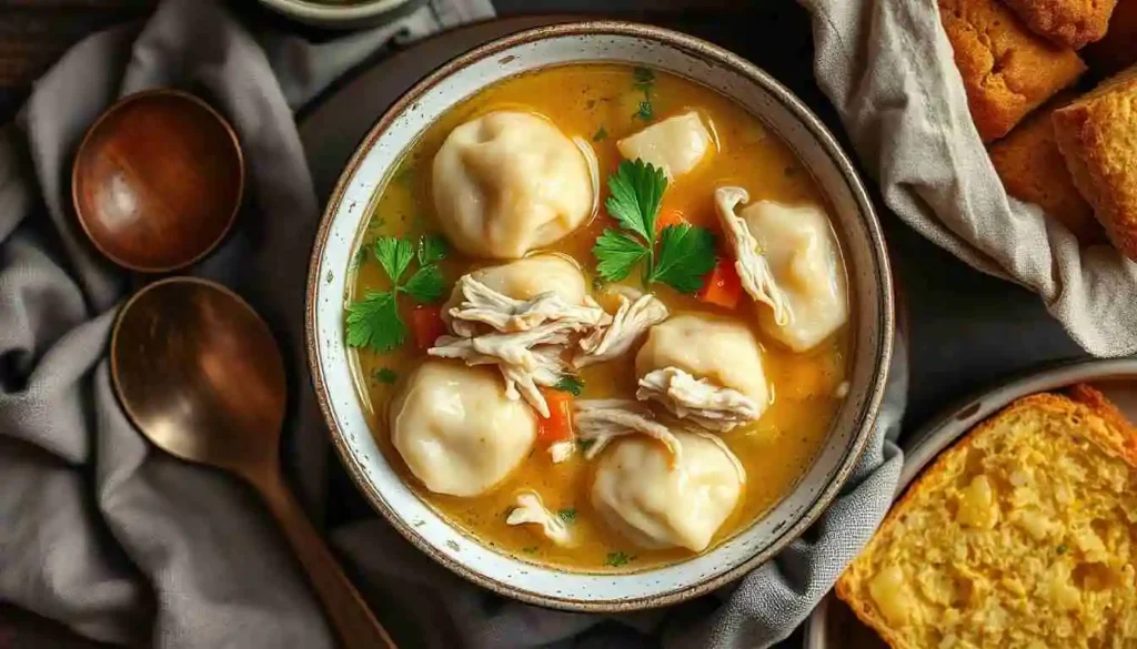 Bowl of freshly made chicken and dumplings with fluffy dumplings, tender chicken, and rich broth, garnished with parsley and served with cornbread.
