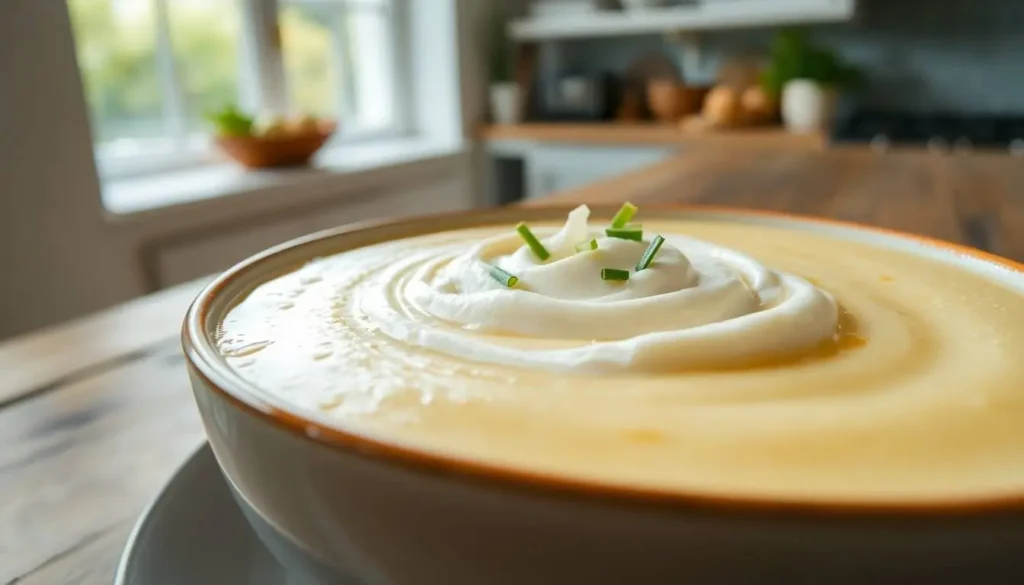 Close-up of creamy potato soup topped with a swirl of sour cream and fresh chives.