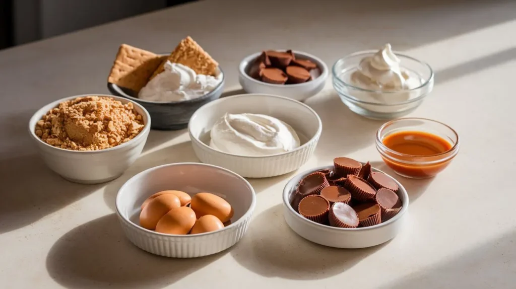 Ingredients for Reese’s Caramel Cheesecake laid out on a countertop, including graham cracker crumbs, melted butter, cream cheese, chopped Reese’s peanut butter cups, eggs, vanilla, and caramel sauce.
