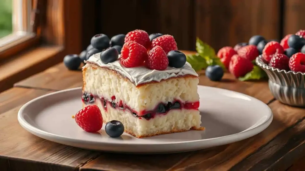 A slice of Kefir Sheet Cake with fresh berries and whipped cream, placed on a white plate.