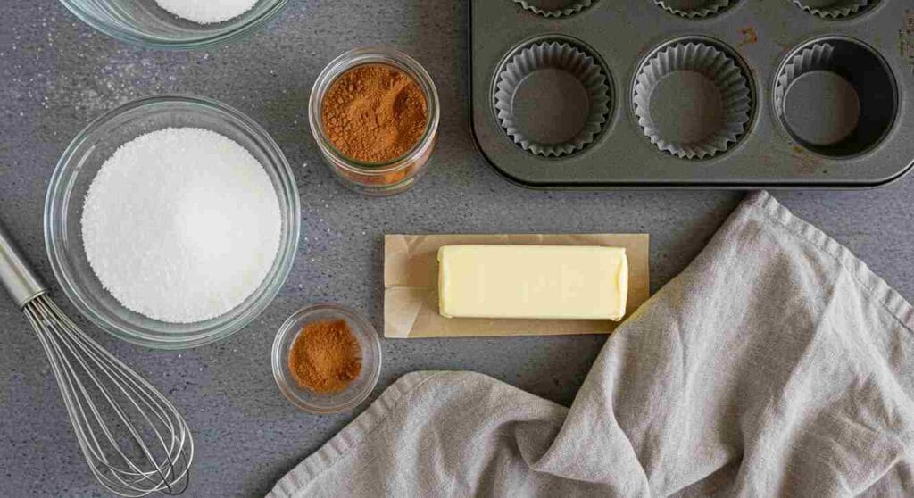 A cozy baking setup featuring key ingredients for cinnamon sugar French toast muffins, including a loaf of bread, granulated sugar, butter, and cinnamon, with baking tools like a whisk and muffin tin on a rustic wooden table.