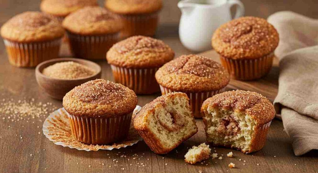 Freshly baked cinnamon sugar French toast muffins on a rustic wooden table, featuring golden, sugar-dusted tops, with a few muffins broken open to reveal their fluffy interior. Accented with a bowl of cinnamon sugar, a drizzle of maple syrup, and a warm napkin.