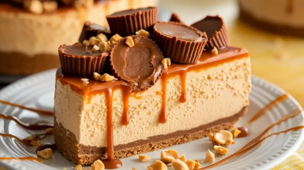 A close-up view of a slice of Reese's Caramel Cheesecake with caramel drizzle, peanut butter cup pieces, and a graham cracker crust.