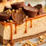 A close-up view of a slice of Reese's Caramel Cheesecake with caramel drizzle, peanut butter cup pieces, and a graham cracker crust.