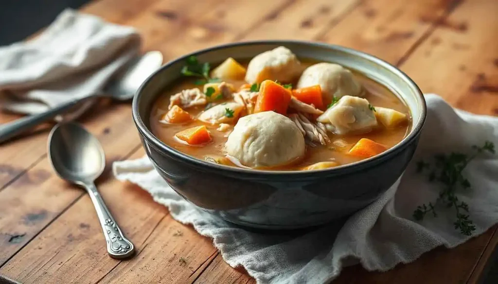 A comforting bowl of homemade old fashioned chicken and dumplings, featuring fluffy dumplings, tender chicken, and vegetables in rich broth. Garnished with parsley, surrounded by cozy elements like a linen napkin, vintage spoon, and thyme sprig