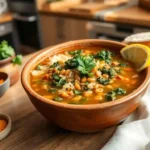 A bowl of Traditional Lentil Soup with Greens and Rice, garnished with fresh herbs, ready to serve.