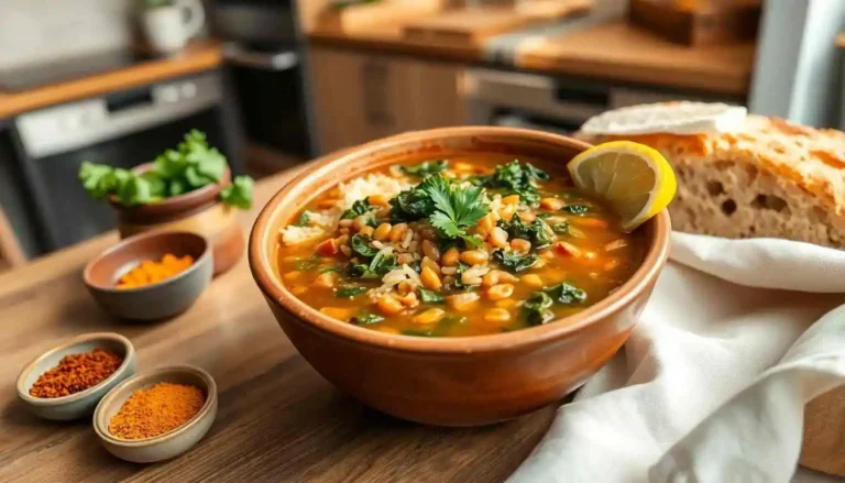 A bowl of Traditional Lentil Soup with Greens and Rice, garnished with fresh herbs, ready to serve.