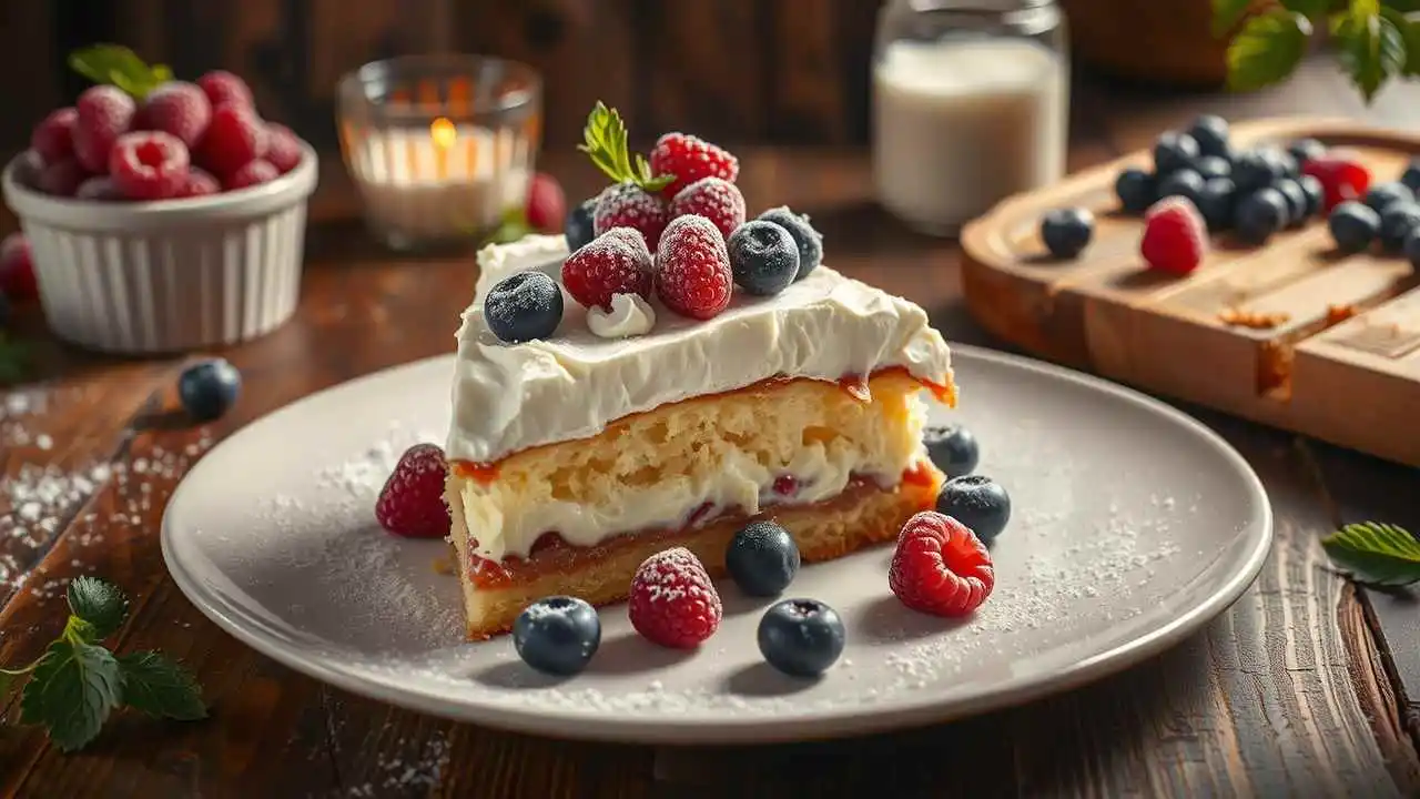 A slice of Kefir Sheet Cake with fresh berries and whipped cream, placed on a white plate.