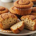 Freshly baked cinnamon sugar French toast muffins on a rustic wooden table, featuring golden, sugar-dusted tops, with a few muffins broken open to reveal their fluffy interior. Accented with a bowl of cinnamon sugar, a drizzle of maple syrup, and a warm napkin.