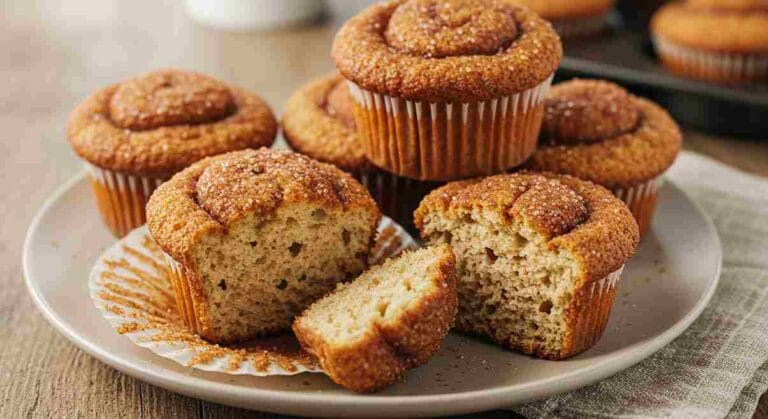 Freshly baked cinnamon sugar French toast muffins on a rustic wooden table, featuring golden, sugar-dusted tops, with a few muffins broken open to reveal their fluffy interior. Accented with a bowl of cinnamon sugar, a drizzle of maple syrup, and a warm napkin.