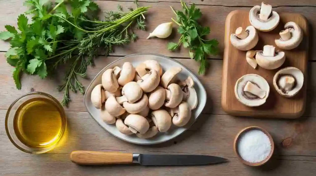 Close-up of button mushrooms with garlic and herbs in a skillet, with fresh thyme garnishing the dish.