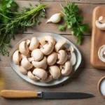 Close-up of button mushrooms with garlic and herbs in a skillet, with fresh thyme garnishing the dish.