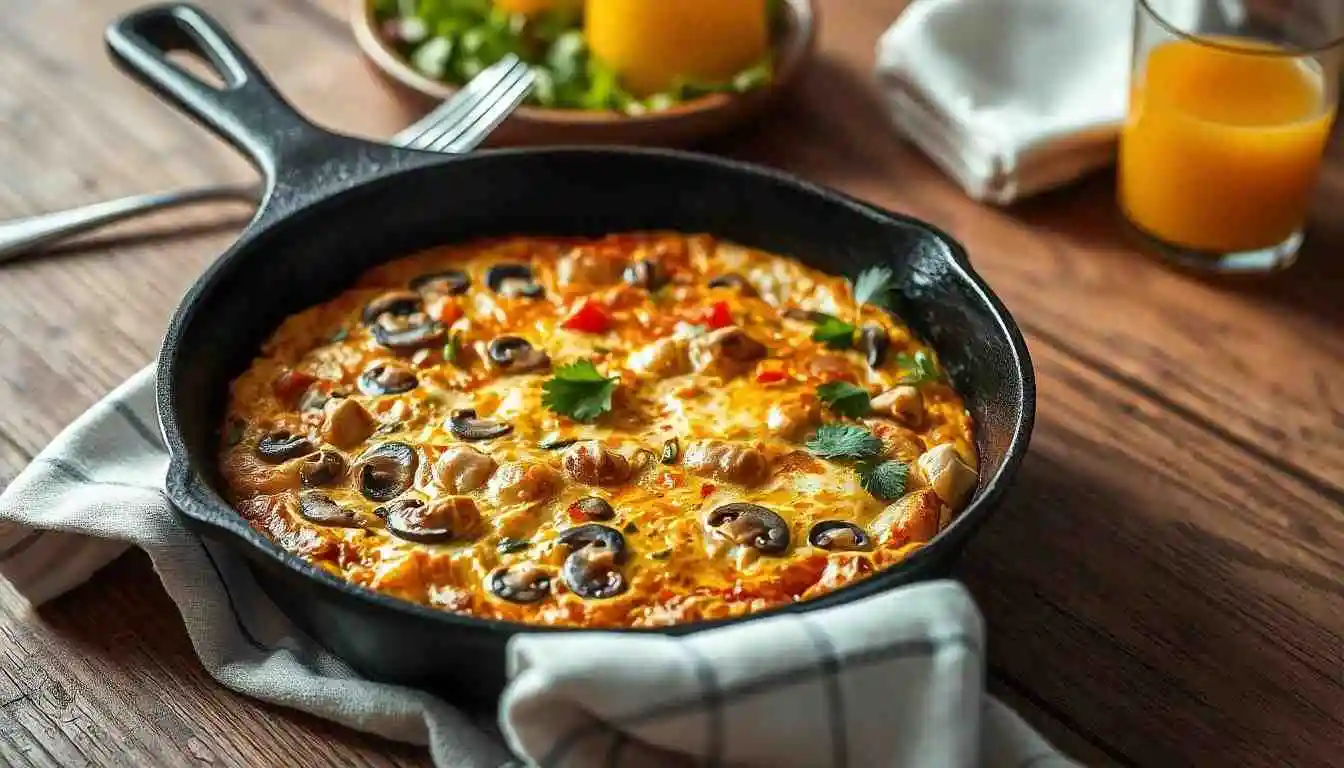 A golden-brown chicken frittata with mushrooms and bell peppers served in a cast-iron skillet, garnished with parsley on a rustic wooden table.