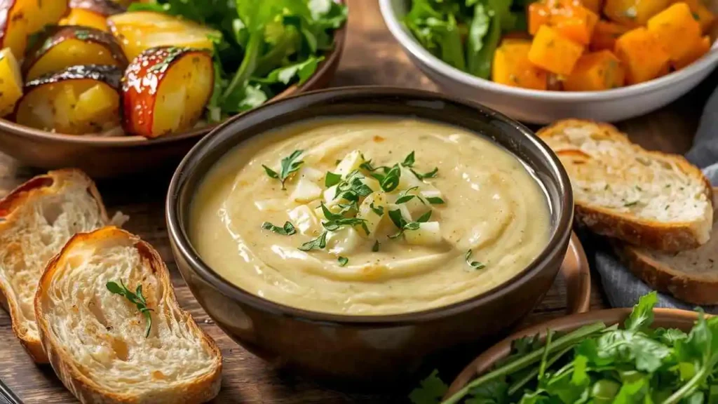 an image of 4 ingredient potato soup, served with some side dishes like bread.