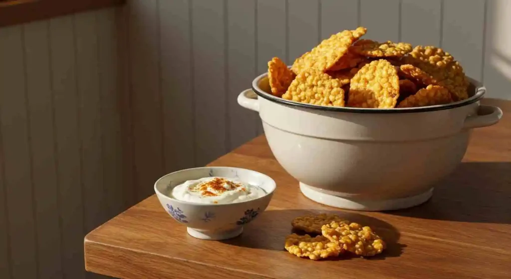 an image of golden, crispy popcorn chips on a wooden table with a small bowl of creamy dip 