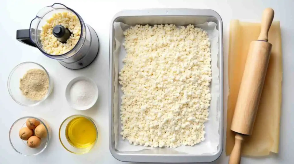 Flat lay of ingredients and tools for making popcorn chips, including cornmeal, popcorn kernels, seasonings, olive oil, a rolling pin, parchment paper, a baking sheet, and a food processor, neatly arranged under bright lighting.