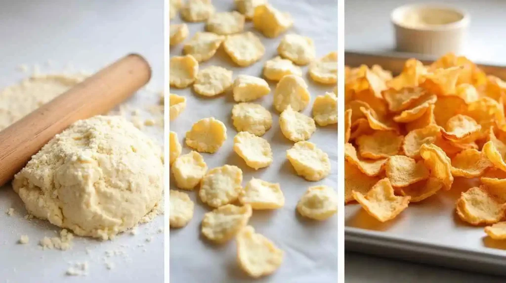 Step-by-step images of making popcorn chips, including rolling out the dough, cutting it into shapes, arranging chips on a baking sheet, and freshly baked chips golden and crispy.