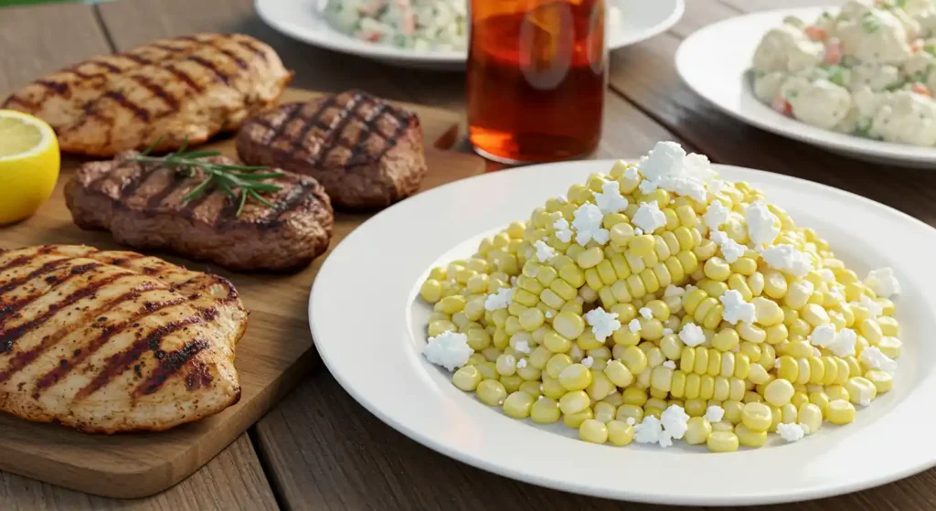 Plate of white corn served at a summer BBQ alongside grilled chicken, steak, fish, and classic sides like coleslaw and potato salad.