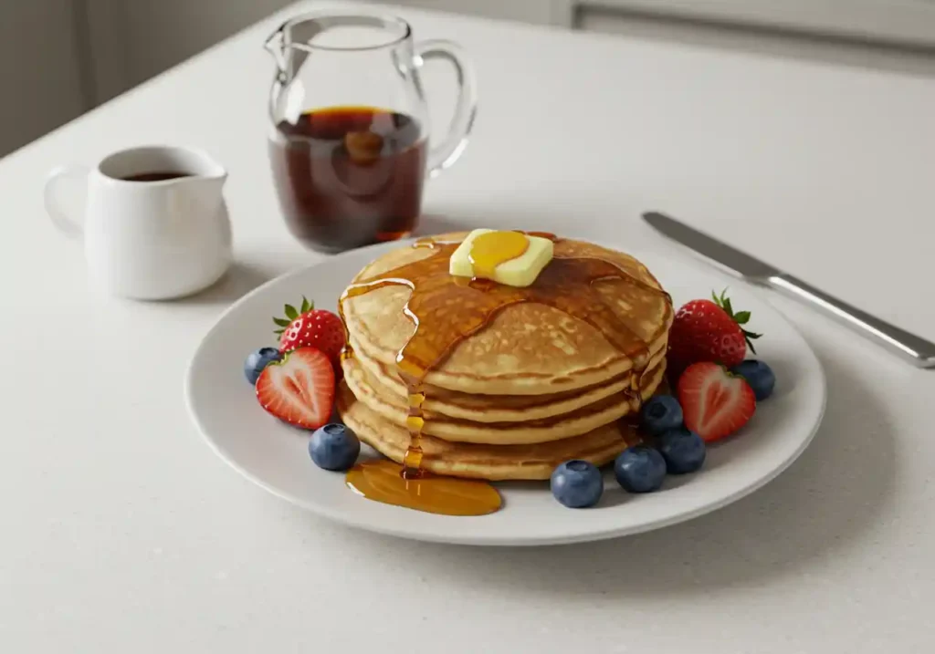 Pancakes topped with maple syrup, butter, and fresh fruit on a plate.