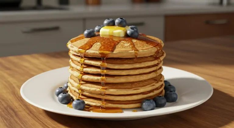 Stack of fluffy pancakes with maple syrup, butter, and fresh fruit on a wooden table.