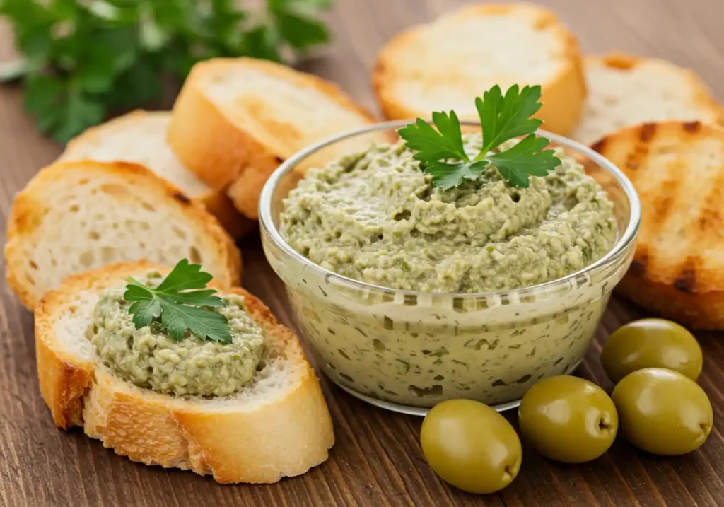 Creamy green olive tapenade in a bowl with bread slices.