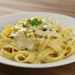 A bowl of homemade gluten-free egg noodles with creamy Alfredo sauce, garnished with parsley, on a rustic wooden table.