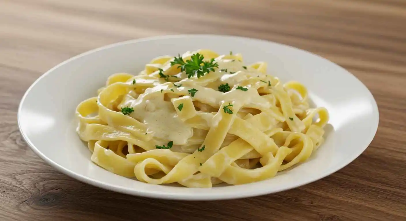 A bowl of homemade gluten-free egg noodles with creamy Alfredo sauce, garnished with parsley, on a rustic wooden table.