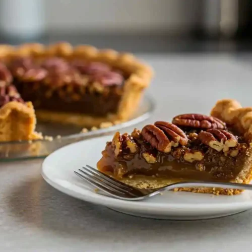 Close-up of a sliced caramel pecan pie on a kitchen counter with rich caramel filling and crunchy pecans, a small plate holding a slice with a fork beside it, and soft natural light highlighting the textures.