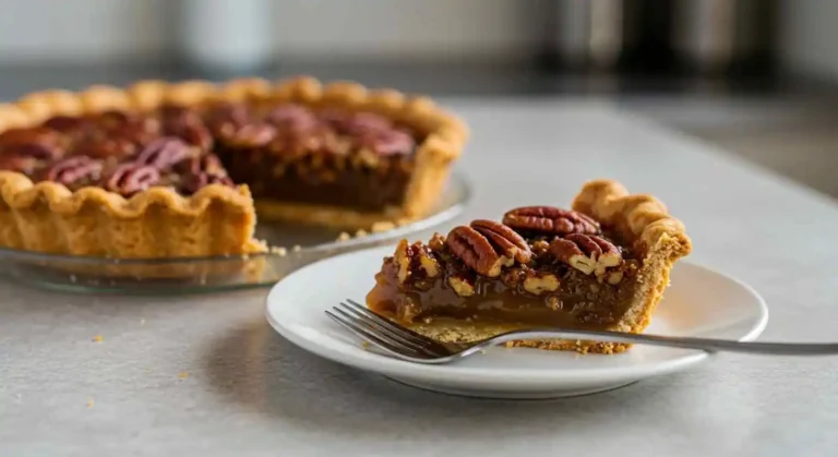 Close-up of a sliced caramel pecan pie on a kitchen counter with rich caramel filling and crunchy pecans, a small plate holding a slice with a fork beside it, and soft natural light highlighting the textures.