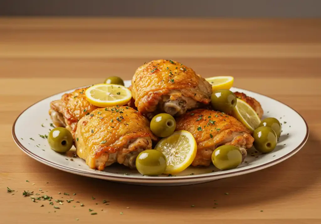 Golden chicken with green olives and lemon in a skillet.