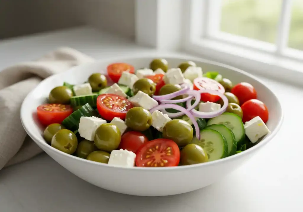 Vibrant green olive salad with tomatoes, cucumber, and feta.