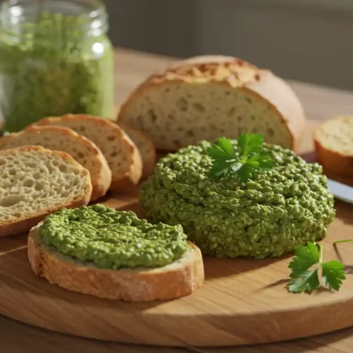 Green olive tapenade with crusty bread on a rustic table.