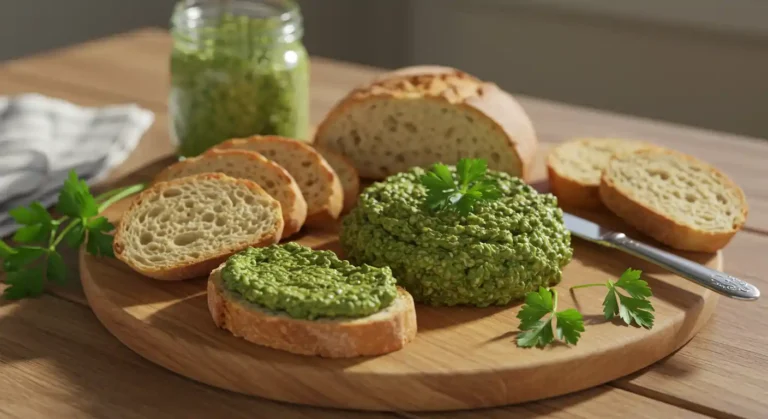 Green olive tapenade with crusty bread on a rustic table.