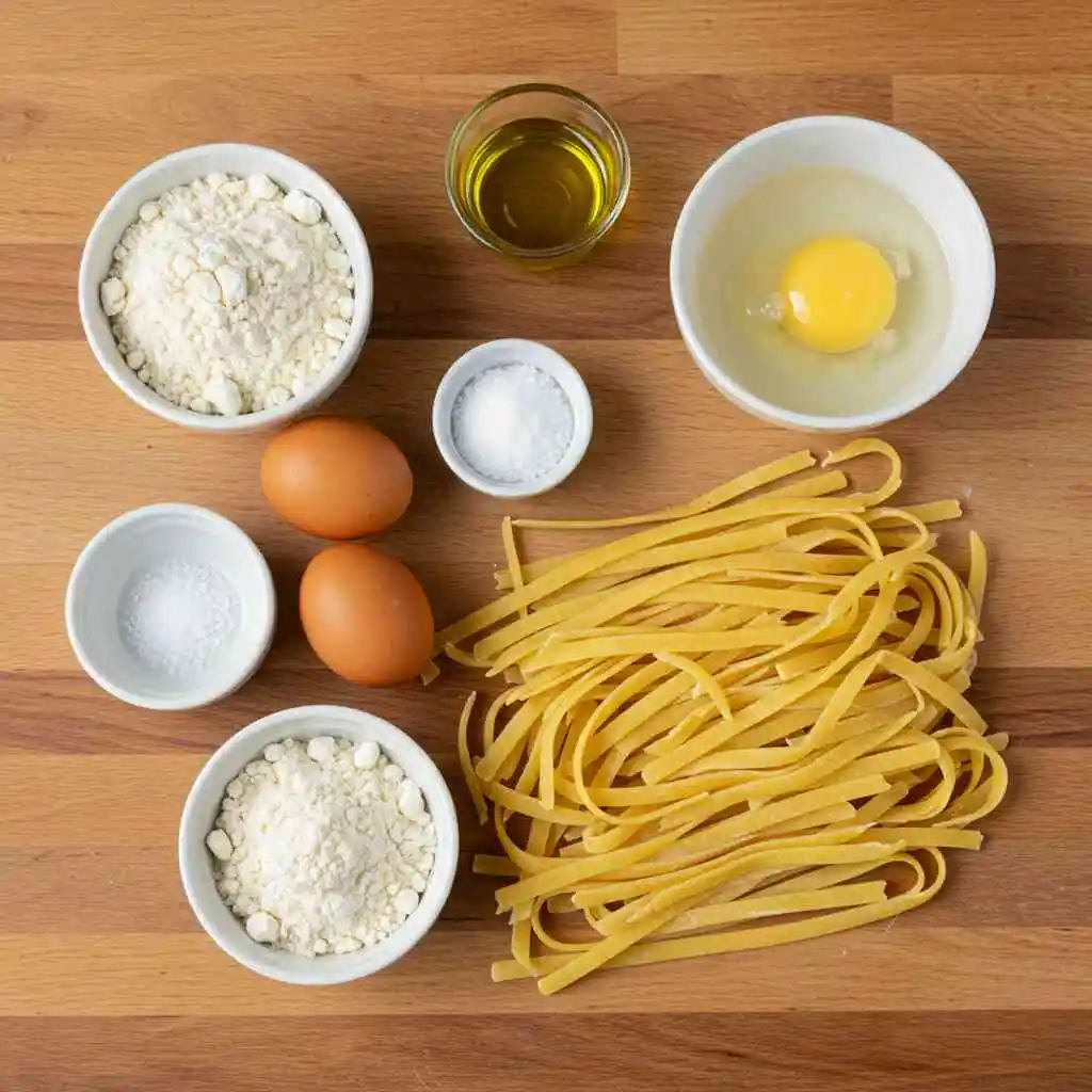 Ingredients for gluten-free egg noodles: gluten-free flour, eggs, olive oil, salt, and water arranged on a kitchen counter.