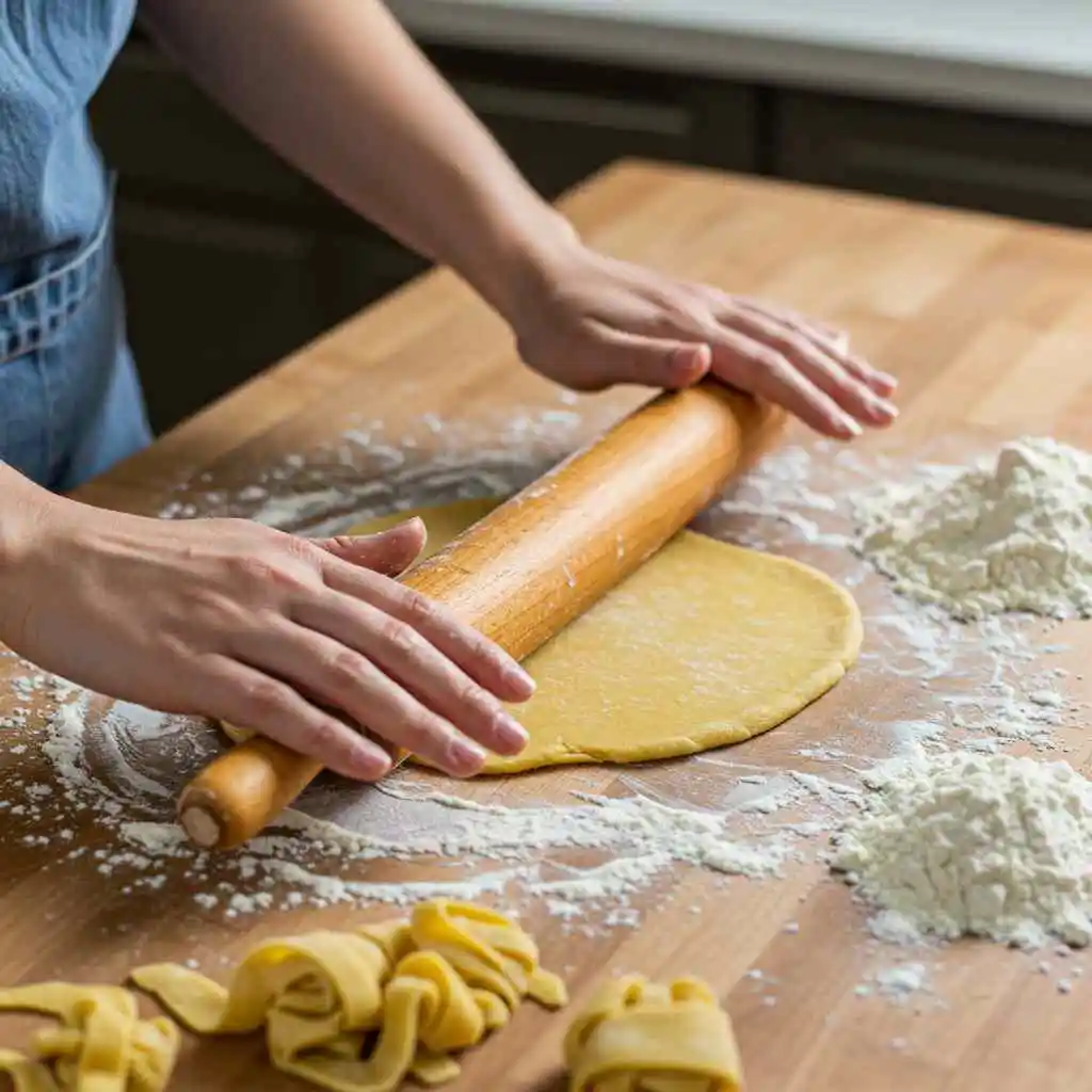 Hands rolling out gluten-free egg noodle dough on a floured surface with a rolling pin