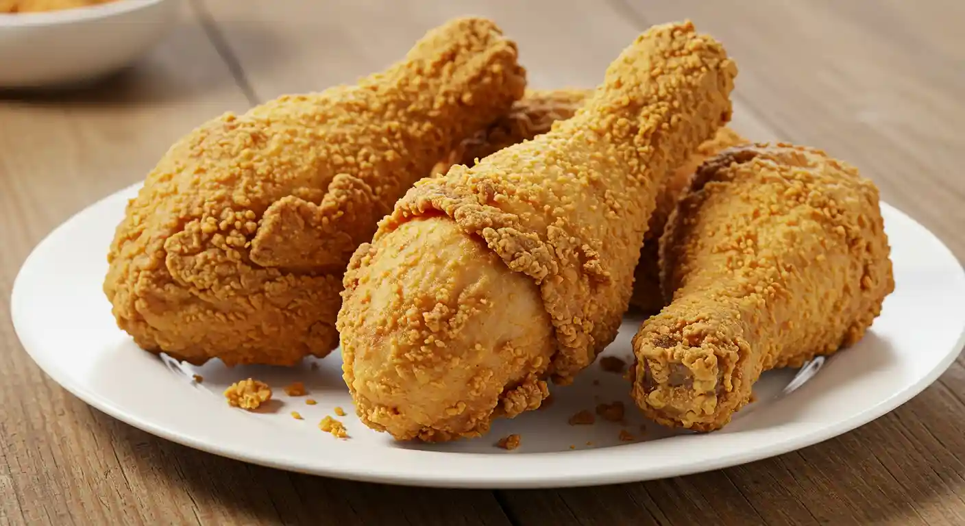 Crispy New York Fried Chicken pieces on a white plate, served on a rustic wooden kitchen counter.