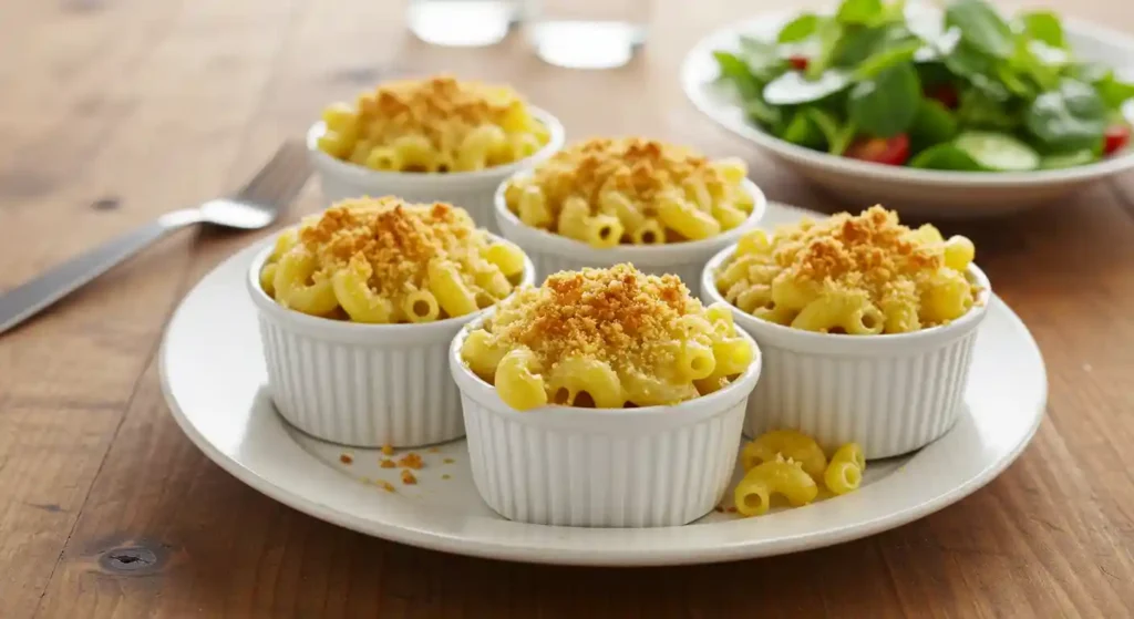 Individual ramekins of Macaroni Royal topped with crispy breadcrumbs, served with a light salad.