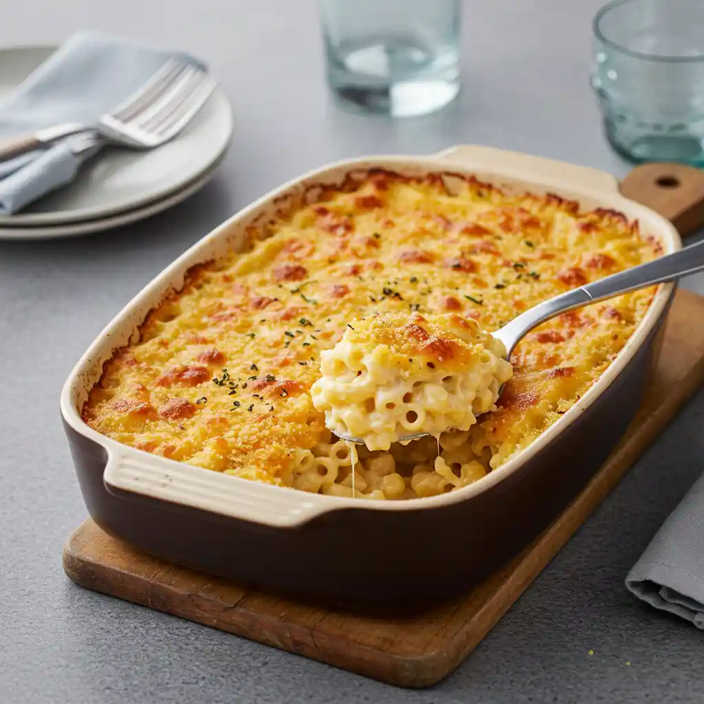 old fashioned baked macaroni and cheese in a baking dish on a kitchen table, garnished with fresh parsley.