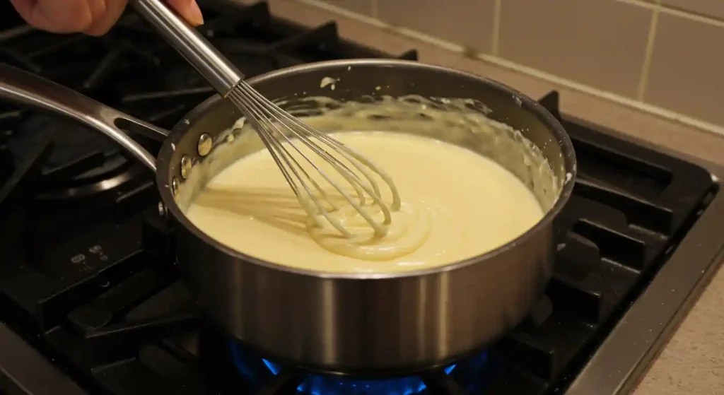 Stirring a creamy cheese sauce in a saucepan for Macaroni Royal on the stove.
