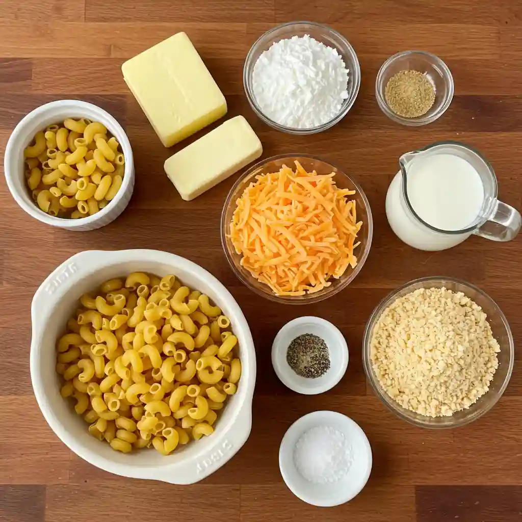 Ingredients for old fashioned baked macaroni and cheese arranged on a wooden countertop, including elbow macaroni, cheddar cheese, butter, milk, and breadcrumbs.