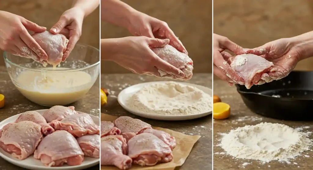 Hands coating a piece of chicken in flour for New York Fried Chicken, with buttermilk and flour visible in the background.