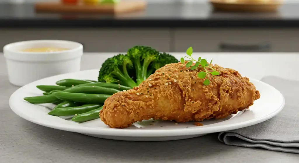 New York Fried Chicken served on a white plate with dipping sauce and some veggies on a kitchen table.