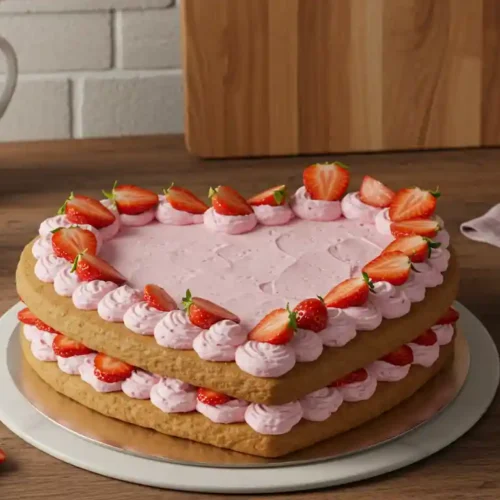 Homemade heart cake dessert with pink buttercream frosting and fresh strawberries on a rustic kitchen counter."