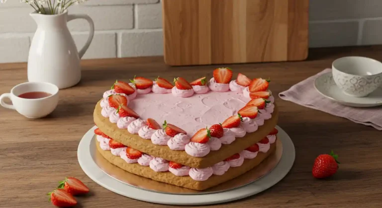 Homemade heart cake dessert with pink buttercream frosting and fresh strawberries on a rustic kitchen counter."