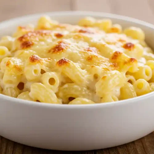 Creamy Macaroni Royal served in a white bowl with golden crust on top.