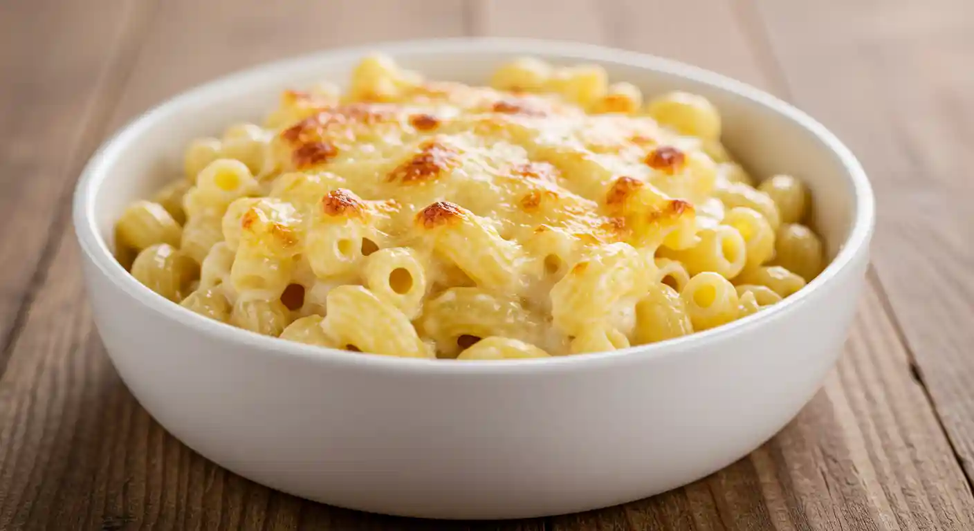 Creamy Macaroni Royal served in a white bowl with golden crust on top.